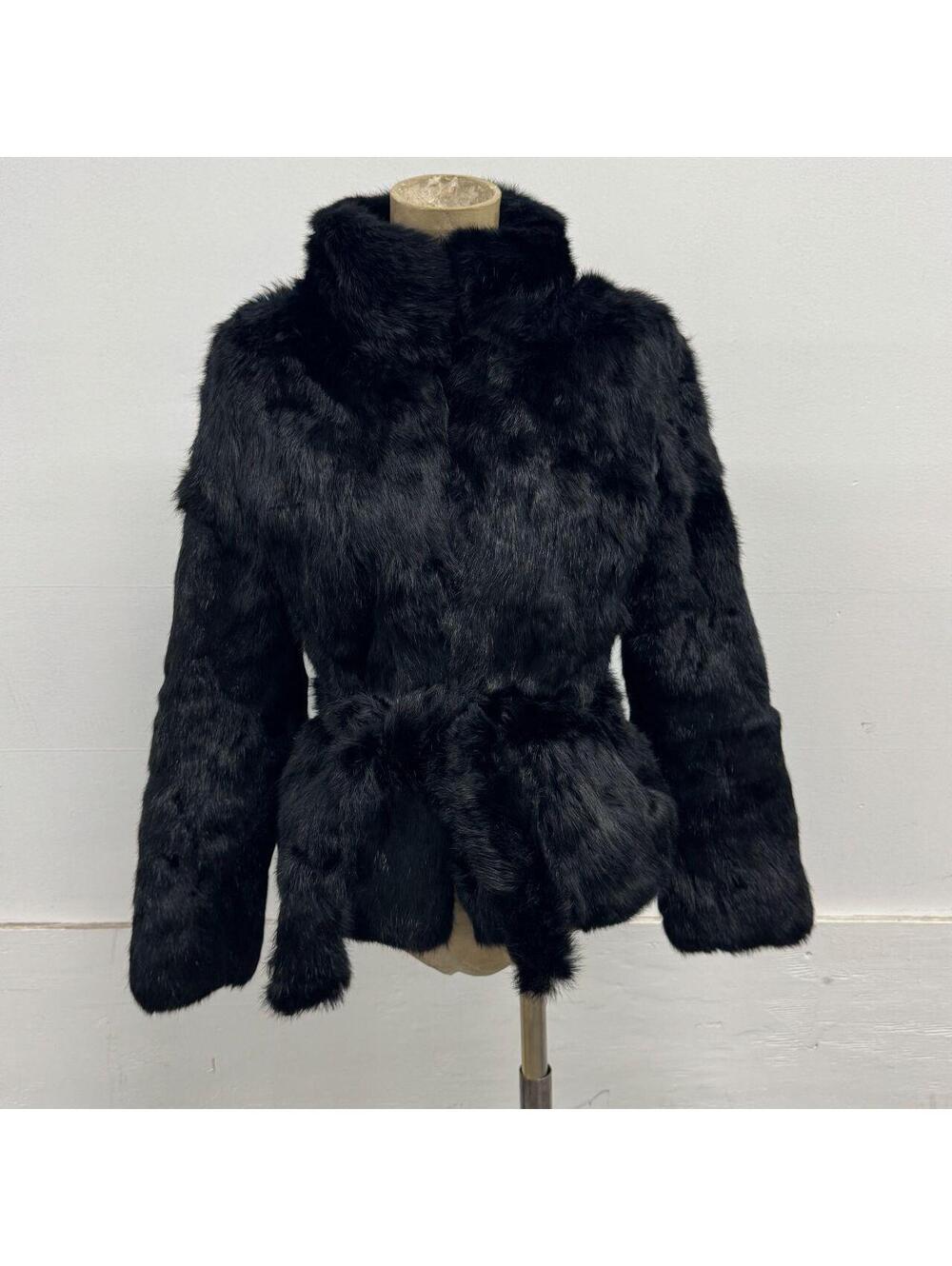 Vintage Y2K Japanese Jet Black Rabbit Fur Moto Jacket with Stand Collar